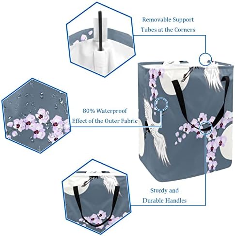 Crane e orquídeas impressam cesto de lavanderia dobrável, cestas de lavanderia à prova d'água de 60L
