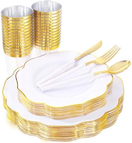 Bucla 180pcs Placas de plástico de ouro - placas de plástico branco e dourado com talheres descartáveis ​​e copos de plástico