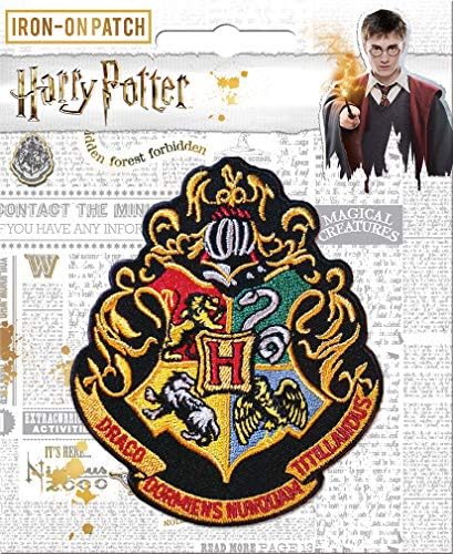 Ata Boy Harry Potter Hogwarts Crest 3 Full Color Iron on Patch, Black & Gold, um tamanho