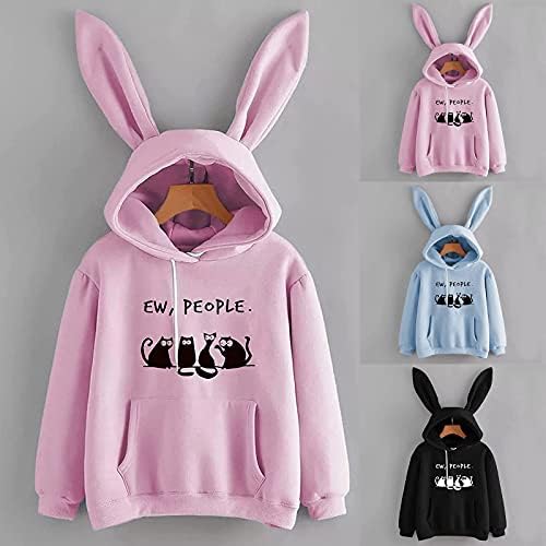 Melotizhi EW, People Cat Graphic Hoodies com orelhas longas de coelho de manga comprida Pullover de bolso Tops casuais