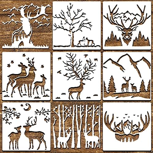 Estênceis para pintar em madeira, reutilizável 9 peças 12x12 polegadas Deer Mountain Moon Bamboo Modelo de artesanato Diy Animal Floresta Floresta Pintura de Natal