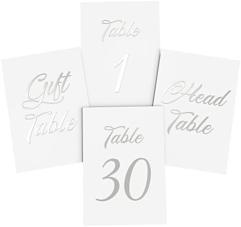 Números de mesa de prata 1-30 para recepção de casamento - Cartões de número de mesa de papel alumínio prateado 4x6 com