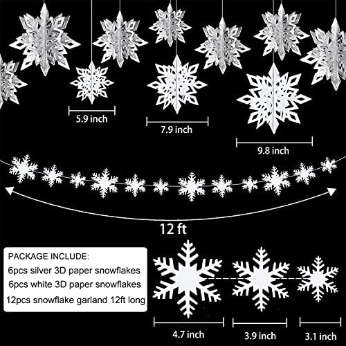 24 PCs Natal pendurado decorações de floco de neve 12 pcs 3d grandes ornamentos de floco de neve prateados e papel branco guirlanda