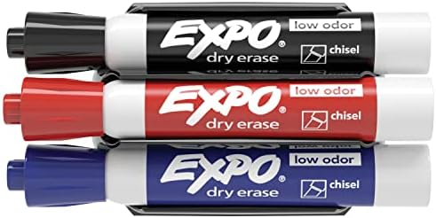 Expo 81503 Marcadores magnéticos de baixo odor, ponta do cinzel, cores variadas, 3 contagens com clipe magnético