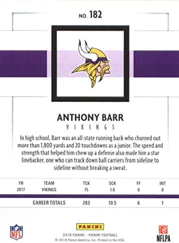 2018 Panini NFL Football #182 Anthony Barr Minnesota Vikings Cartão de negociação oficial