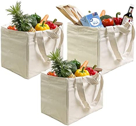 Sacos de supermercado reutilizáveis ​​de LuneMemo, alças largas duplas, 6 bolsos internos, sacolas de compras de lona, ​​serviço pesado,