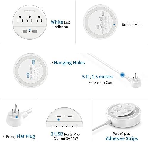 Pacote de tira de potência de plug de plugue plano NTONPOWER, 3 pontos de venda 2 Faixa de alimentação compacta USB com faixa de energia de 5 pés e USB C, plugue de ângulo reto para escritório, casa, mesa de cabeceira, dormitório essencial