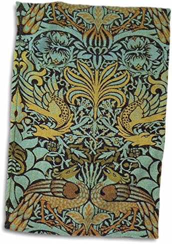 Imagem de rosa 3D de William Morris Peacock & Dragon em toalha de mão de ouro e aqua, 15 x 22, multicolor