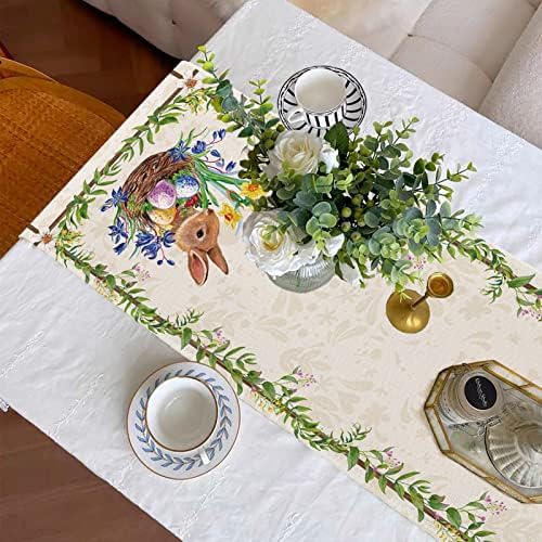 WHEAFA EAQUE EASTER BONITO RABIT GREEN Folhas de mesa Runner Flores selvagens Bunny Eggs Tabel Runners Spring Summer Sazão de cozinha de cozinha Decoração central para festa em casa