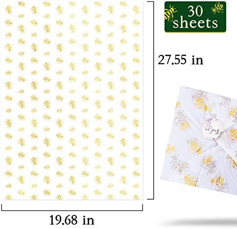 MR Five 30 folhas brancas com papel de seda de abelha metálica em massa, 20 x 28, papel de seda de design de ouro para sacolas