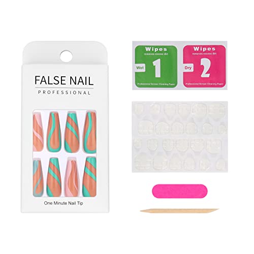 Fake Press On Unhes for Women Coffin Shape - 24 PCs Reutilable Unhas Artificial Comprimento médio com desenhos - longos falsos