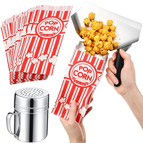 Pacote de pipoca e pacote de drage aço inoxidável Fry Scooper e Shaker Pack Metal Scoop Tool com 50 Pack Paper