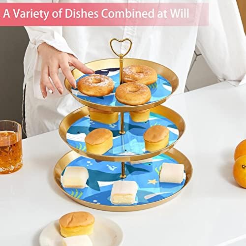 3 Placa de fruta de cupcake de 3 camadas de sobremesa Plástico para servir suporte de exibição para casamento de aniversário Decorações de chá de chá de chá de bebê redondo, tubarão e algas marinhas