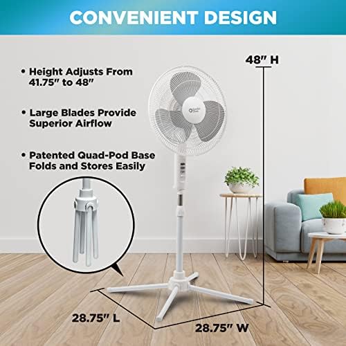 Zona de conforto CZST161BTE FABO DE PEDESTAL OSCILADOR DE 16 ”, Opções de 3 velocidades, cabeça oscilante de 90 graus, altura ajustável e inclinação, fluxo de ar poderoso, branco