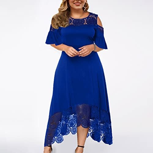 Vestidos de tamanho grande feminino Lace ombro frio manga curta uma linha casual longa e plana de festa maxi vestido