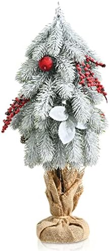 19 polegadas Snowflake Tabletop Christmas Pine Tree com pinheiro e bagas vermelhas e folhas de rosas e maçãs para decoração do dia