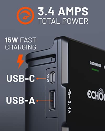 Saída de parede de ecogear com portas USB e proteção - Power & Protect 8 Dispositivos com 6 plugues CA rotativos e 2 portas USB - inclui 1x Porta USB -C e 1x USB -A - Black