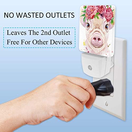 Led Night Night Light Aquarela Pig Pink Floral Funny Print Lamp com entupimento de sensor inteligente para Dawn Sensor,