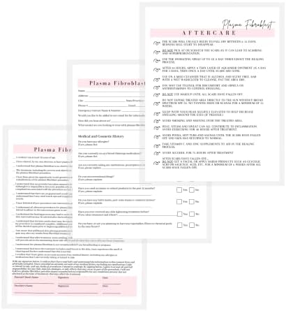 Ingestão de fibroblastos plasmáticos, consentimento e pós -tratamento | 75 pacote | 8,5 x 11 A1 Forms | CLIENTES Signature | Pacote de formulários do cliente | Design branco e rosa