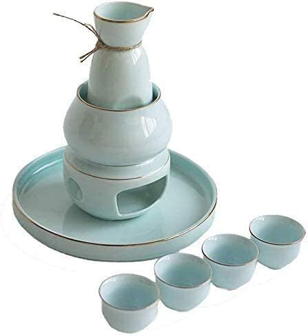 8 peças Conjunto de saquê retro asiático, copos de vinho da Celadon com panela mais quente e fogão a vela, copos de artesanato