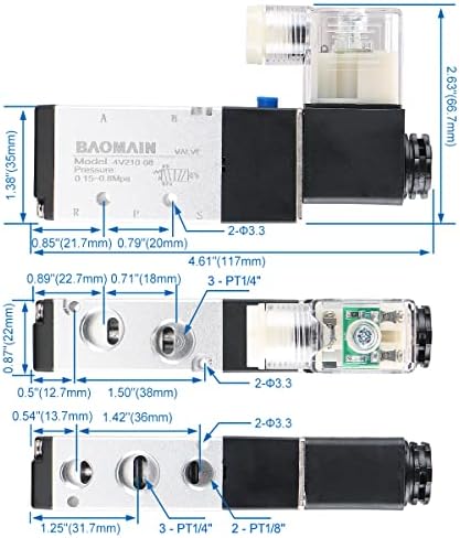 Baomain 8 Válvula solenóide pneumática espacial 4V210-08 AC 110V Pt1/4 2 Posição 5 Ways Moletoll de vias com silencioso