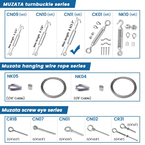 Muzata 5pack M6 Turbuckle Hanch de serviço pesado e olho de aço inoxidável Trupo de cabo de corda de arame Kit de hardware