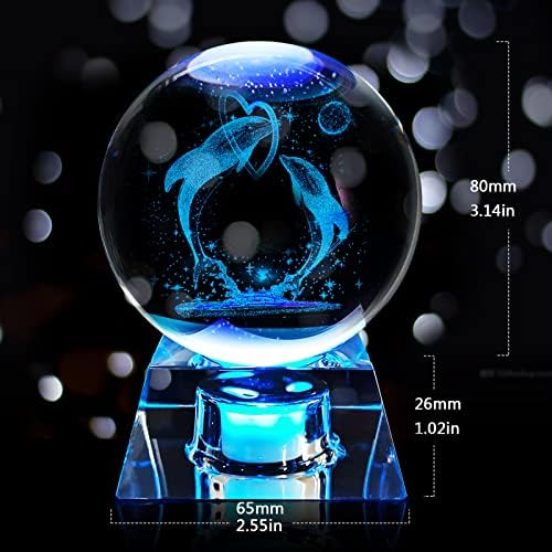 Bola de cristal de golfinhos 3D com base de luz noturna colorida LED, presentes de golfinhos para crianças suas amigas