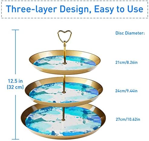 Conjunto de exibição de mesa de sobremesa, suporte de cupcakes de ouro, estandes de sobremesa, bandeja de porção de 3 camadas, suporte de camada de copo, suporte de bolo de casamento para mesa de sobremesa, abstrato azul artístico moderno