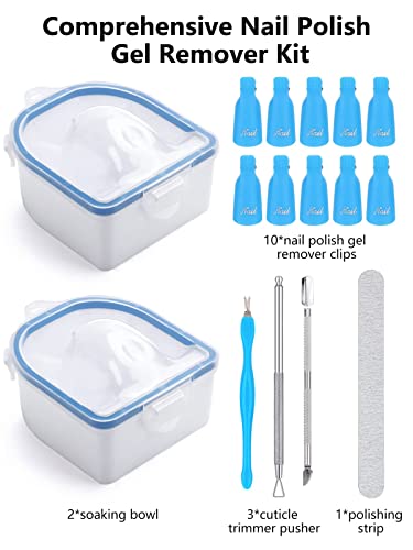 2pcs de imersão de unhas, acetona de camada dupla mergulhe as tigelas para unhas de acrílico, absorva o kit de tigela de manicure de removedor de gel de gel, bandeja de imersão com clipes de unhas Cuticle Cuticler & Pusher Dead Skin Pusher