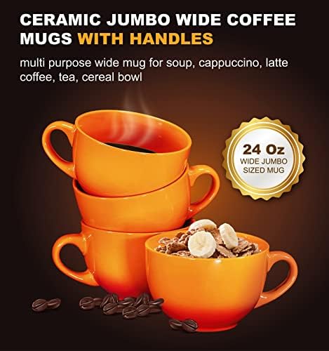 Conjunto de canecas de café Jumbo de 24 oz de 24 oz de 4 anos, fofo de cerâmica de cerâmica de 24 onças ambientado em cor laranja, melhor caneca de café para o seu Natal, presente de aniversário ou decoração de bricolage