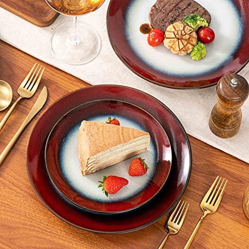 Placas de jantar em casa do Henten Conjunto de 4, pinças de salada de cerâmica de esmalte reativo de 10 polegadas, pratos de servir vintage para cozinha, bife, macarrão, porcelana Round Dinnerware, resistente a arranhões