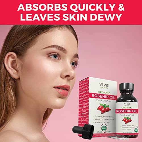 Viva Naturals Organic Roseip Seed Oil - puro e hidratante de óleo de rosa hidratante para rosto, cabelo, pele seca