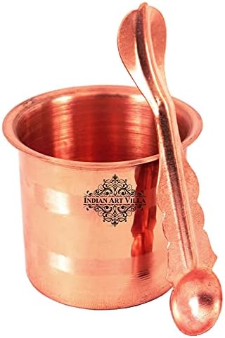 Indian Art Villa Copper Panch Patra Glass com colher, propósito de poojan, templo doméstico, conjunto de 2