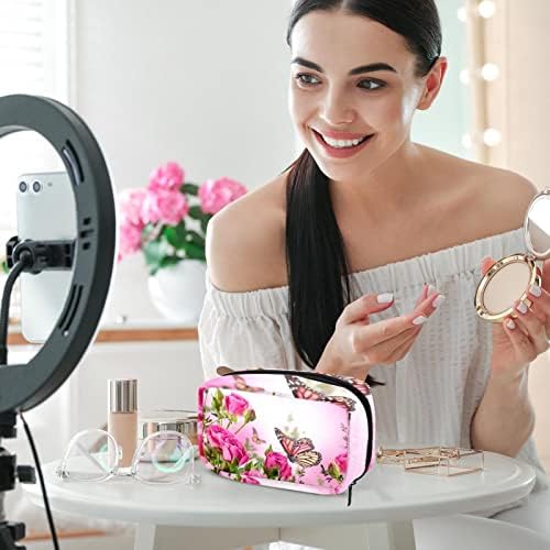 Bolsa de maquiagem unicey, borboletas floresce lindas flores rosas saco de cosméticos bolsa portátil de viagem de trem