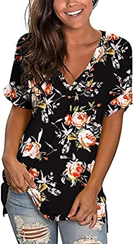 Camisetas de verão de verão Túnica de manga curta casual Túnica floral Floral Vosco lateral do pescoço Flowy Tops Flowy