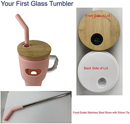 LAVIVA BONNY 32oz Reutilable Glass Tumbler, palhas e tampa de bambu, garrafa de vidro e alça de vidro borossilicato, manga de silício