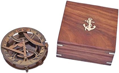 Hampton Náutico Solid Solid Round Sundial Compass com Caixa de Rosewood, Brass