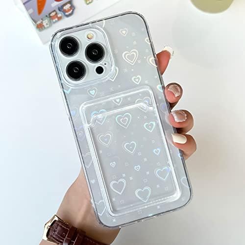 Cooweek compatível com iPhone 14 Plus Clear Heart Phone com suporte para cartão, Holográfico Love Heart Padrão Caso fofo Capa macia,
