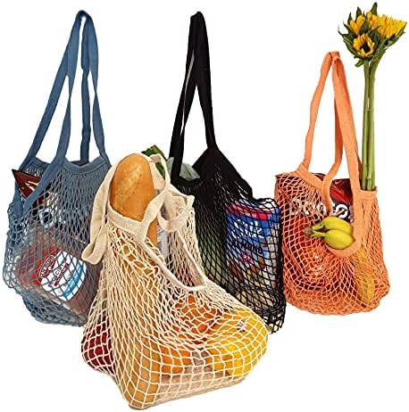 Sacos de mercearia de alça longa reutilizável, bolsa de ombro de frutas e vegetais, bolsas de compra de cordas de malha de algodão