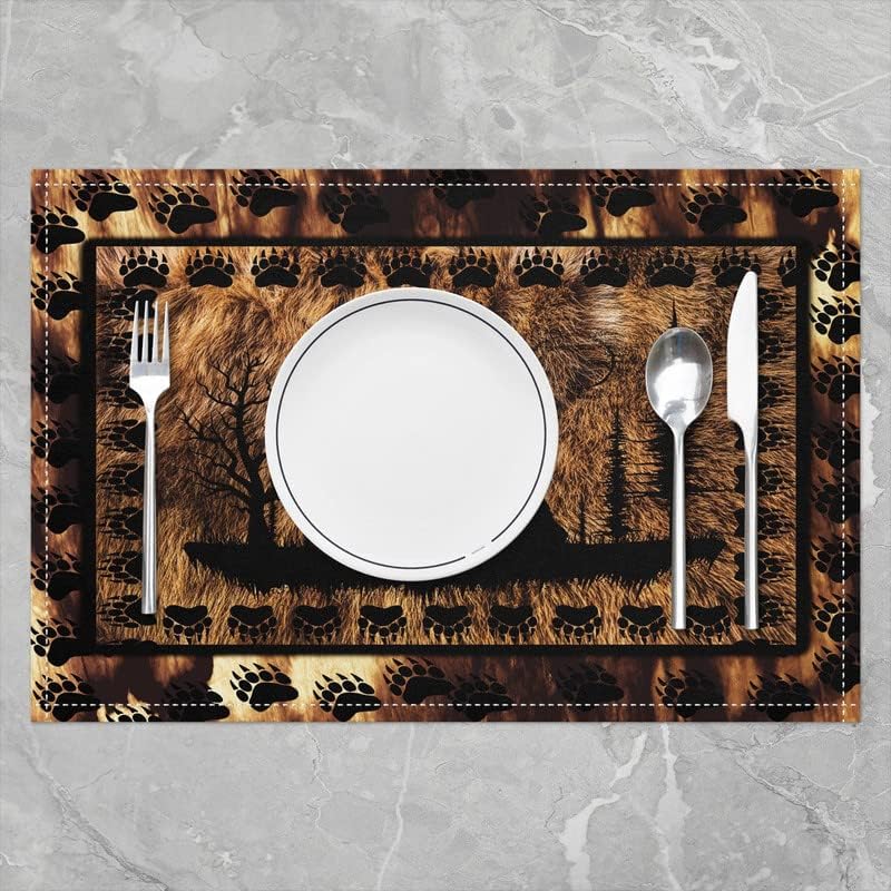 Placemats de lobo para mesa de jantar Conjunto de 4 animais selvagens pegadas pegadas de tecido lavável Tapete de mesa Placemat
