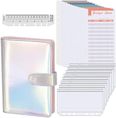 FYY A6 Binder orçamental com envelopes de caixa e folhas de orçamento e governante, organizador de fichário de orçamento de couro premium, organizador de dinheiro do planejador de orçamento, fichário de economia de dinheiro, prata