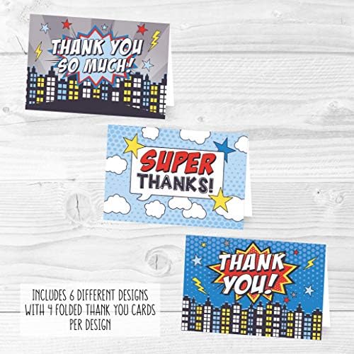 24 Cartões de agradecimento de super -herói com envelopes, festa de aniversário infantil ou câmara de quadrinhos em