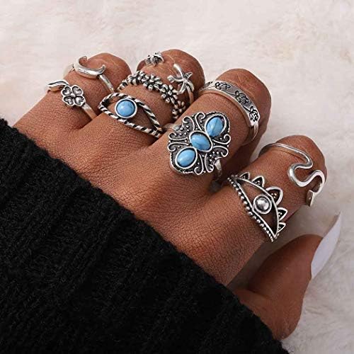 Mosako boho turquesa anéis de dedos empilháveis ​​Conjunto de prata Olhos do mar de mar de mar de mid Joint Rings Moon Flor Coroa esculpida Estrela oca anéis de joalhas Midi Anéis para mulheres e meninas 15pcs