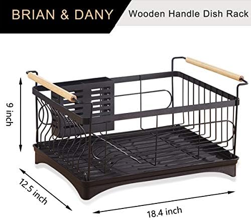 Brian e Dany Dish Secying Rack com bandeja de gotejamento, esgotador de pratos de aço inoxidável com alças de madeira e talheres, 18,4 x 12,5 x 9 polegadas, preto