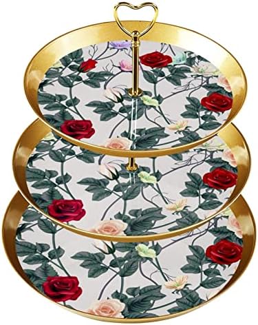 Suporte para bolo tfcocft, suporte de cupcake, conjunto de exibição de tabela de stands de sobremesa, padrão de planta de folha de flores de rosa