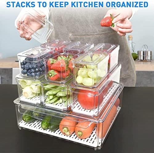 Pomeat 10 embrulhas organizador de geladeira, caixas de organizador de geladeira empilhável com tampas, sem BPA Produce recipientes