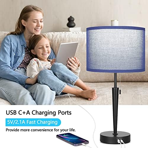 Conjunto de lâmpada de mesa de cabeceira, lâmpada de mesa de cabeceira com corrente com portas de carregamento USB C+A, lâmpadas