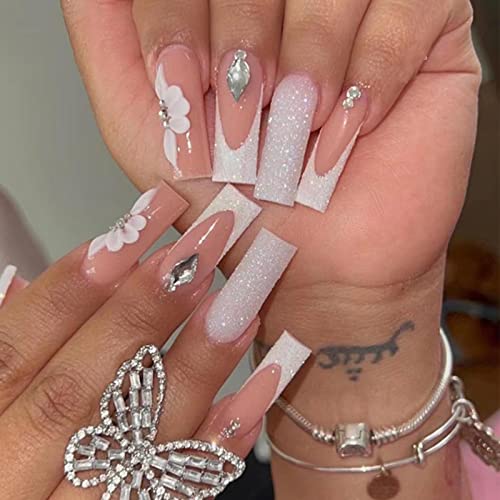 Yoyoee Coffin Unhas Falsas Pressione Longo Em Nails Bling Francês Falso Unhas Acrílico Capa completa Dicas para mulheres e meninas 24pcs