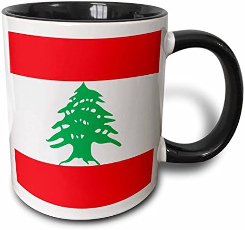 Bandeira 3drose de listras vermelhas e brancas do Líbano-Lebanês com caneca de árvore de cedro verde, 11 oz, preto