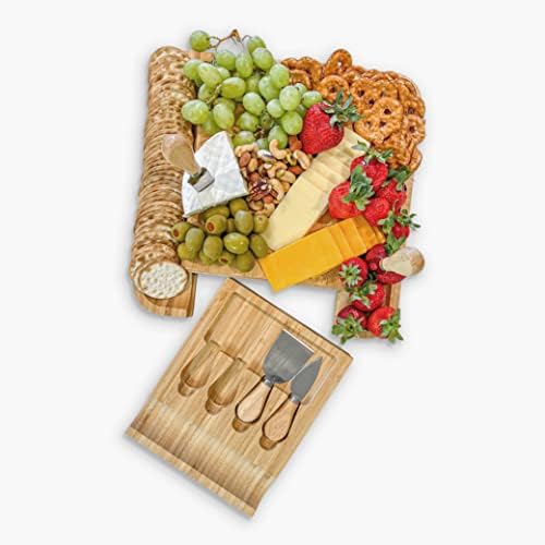 Palm Naki Bamboo Cheese Board and Knife Set - Charcuterie Board com faca, prato de charcutaria de 13 ”e bandeja de servir, presente de inauguração e presente de casamento